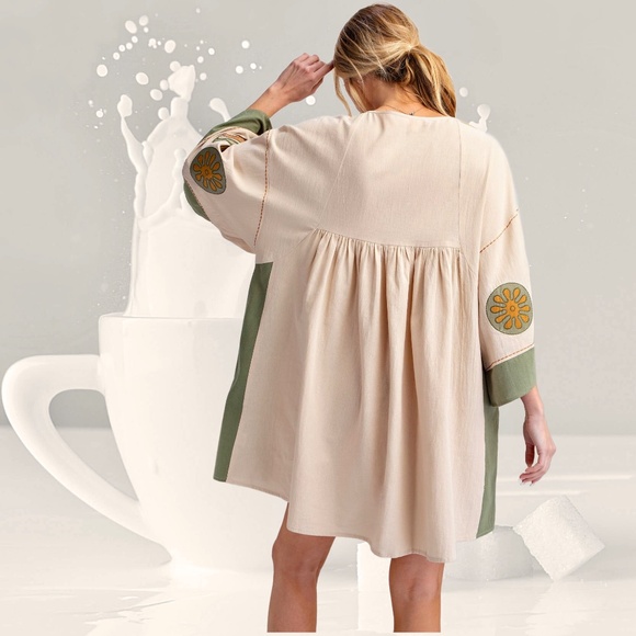 EASEL "Desert Flower" Xtra Full Comfy Linen-Look Embroidered Tunic Dress Pockets - Picture 7 of 15